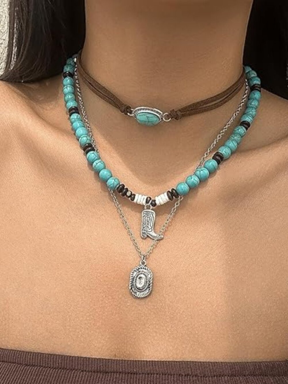 Western Turquoise Layered Chain Necklaces Brown Suede Choker Necklace Set Boho